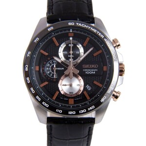 Men's Round Shape Leather Band Chronograph Wrist Watch - Black - SSB265P1